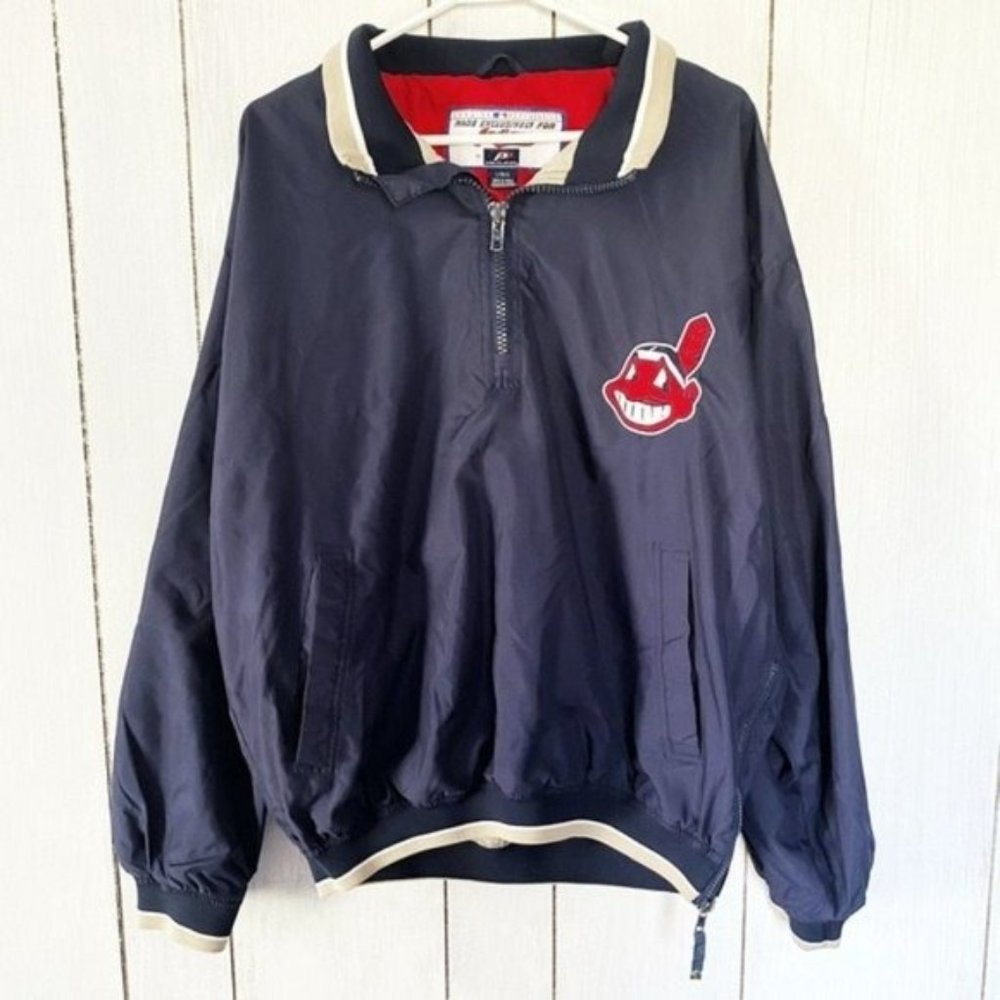 Vintage MLB Cleveland Indians Chief Wahoo Navy Pullover Half Zip Windbreaker